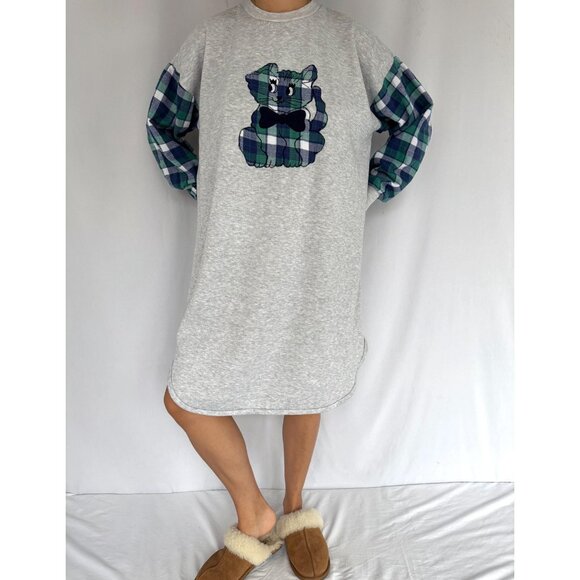 90s vintage plaid flannel cute kitten cat long sleeved pajama fleece sleep dress - Picture 2 of 10